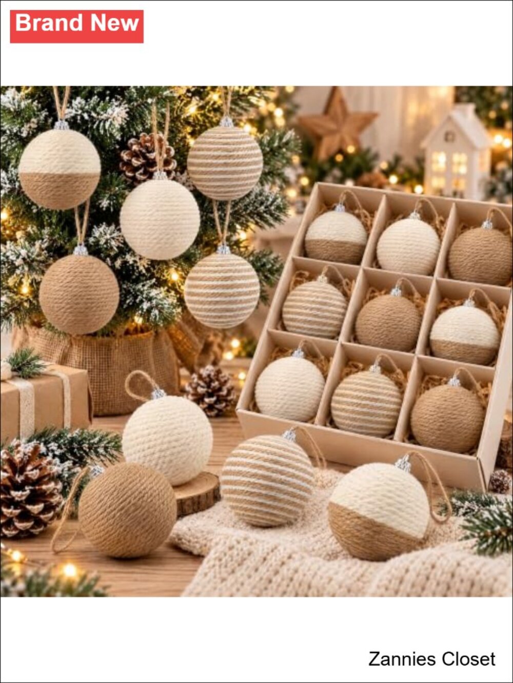 🎄 12 Pcs Rustic Burlap Christmas Ball Ornaments Boho Jute Rope Xmas Tree Decor
